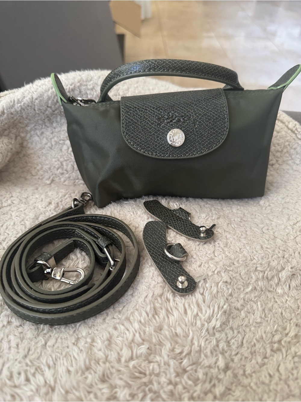 Longchamp Small Olive Green Nylon Top-Handle Crossbody Bag